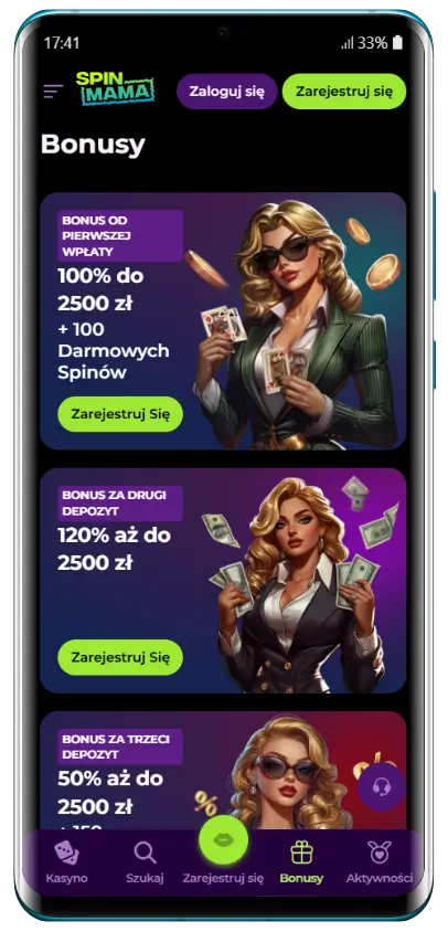 Oferty bonusowe i promocje w SpinMama Casino Strona bonusów kasyna SpinMama przedstawiająca trzy oferty depozytowe: 100% do 2500 zł i 100 darmowych spinów za pierwszy depozyt, 120% do 2500 zł za drugi depozyt oraz 50% do 2500 zł za trzeci depozyt