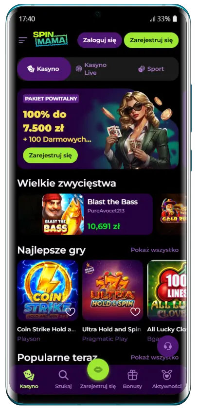 Strona główna SpinMama Casino Strona główna kasyna SpinMama na telefonie z pakietem powitalnym 100% do 7500 zł i 100 darmowych spinów, sekcją wielkich zwycięstw z wygraną 10 691 zł oraz najlepszymi grami slotowymi