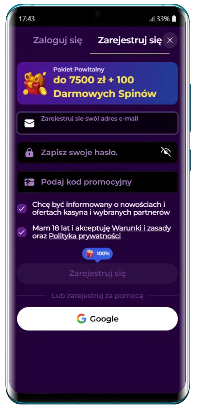 Rejestracja w SpinMama Casino Formularz rejestracji w kasynie SpinMama z polem na adres e-mail, hasło i kod promocyjny oraz informacją o pakiecie powitalnym do 7500 zł i 100 darmowych spinów
