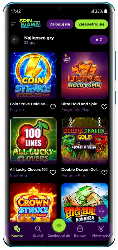Najlepsze automaty slotowe w SpinMama Lista 28 najlepszych gier w kasynie SpinMama na urządzeniu mobilnym, zawierająca sloty takie jak Coin Strike, Ultra Hold and Spin, All Lucky Clovers 100 oraz Double Dragon Gold